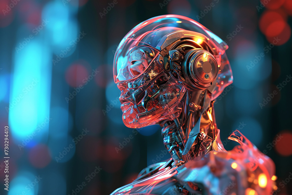 Poster android in neon blue and violet colored light with copy space for text and design elements. abstract