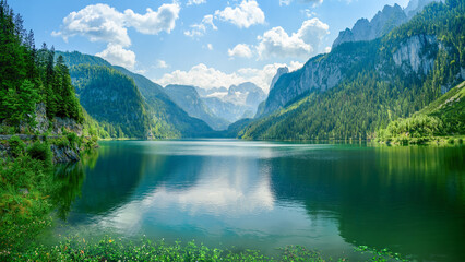 Fototapeta na wymiar Gosausee, a beautiful lake with moutains in Salzkammergut, Austria. 