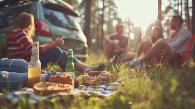 Blurred images of friends sitting on a blanket having a picnic on a road trip.