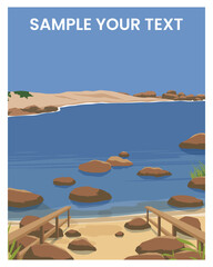 vector poster with a river view with rocks. Travel concept. Flat design template of travel poster, book cover, card, postcard, invitation, print.
