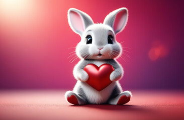 Beautiful small and cute bunny holding a heart. Love. Valentine's Day. 