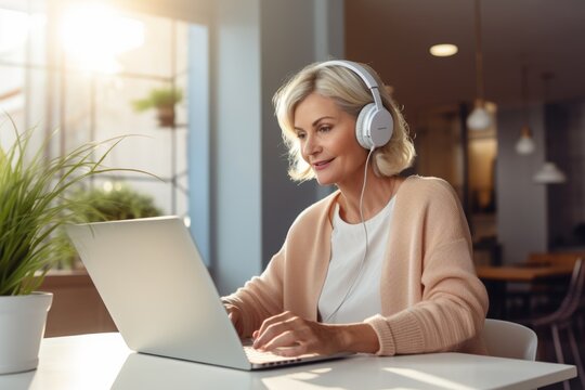 Older Woman Using Her Laptop With Headphones. Inclusive Concept