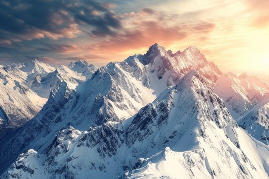 the snowy mountains are starting to recede with a view of a mixed purple and orange sunset generative ai
