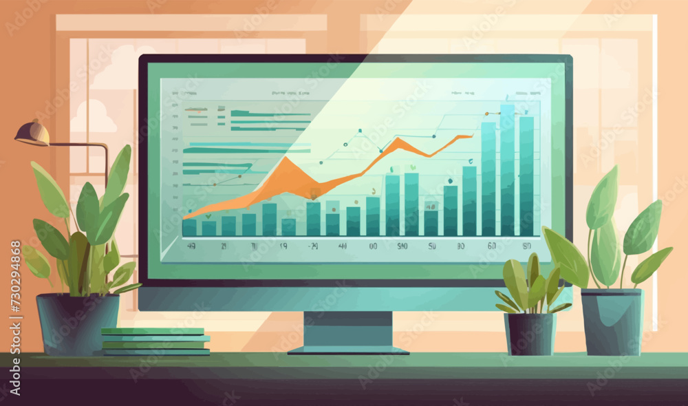 Poster computer screen with charts windows vector flat isolated illustration