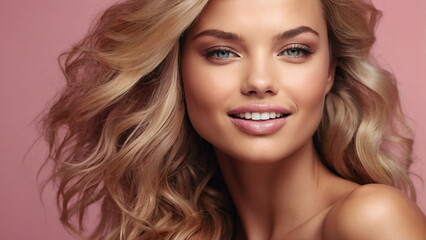 Fototapeta premium Beautiful smilling young woman model with long blond hair ,blue eyes and clean fresh skin portrait on pink background with copy space. Face care , treatment, cosmetology, hair style . Banner. 