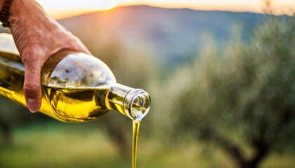 Golden olive oil pouring amidst serene olive grove at sunrise, with mountain village silhouetted against colorful sky