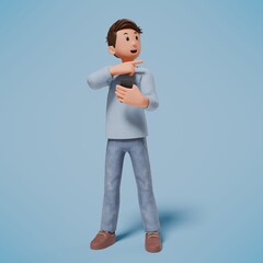 3d man character holding the cellphone and pointing to the left with the right hand