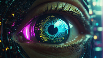 A Eye cyber circuit technology concept, AI photo.