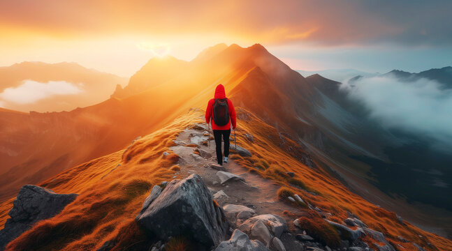 A solitary hiker in a red jacket ascends a rocky mountain path against a stunning backdrop of golden sunrise and misty mountain peaks - Powered by Adobe