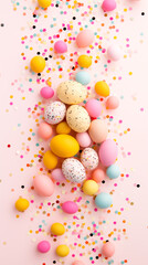 Fototapeta na wymiar Colorful Easter Eggs and confetti on pink background. Easter greeting card