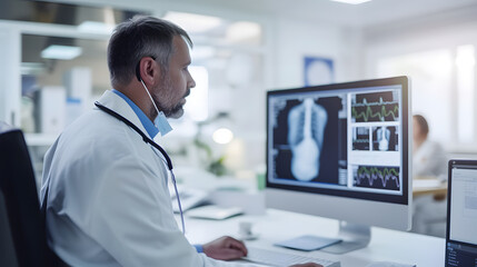 หมอกำลังนั่งอยู่ที่โต๊ะพร้อมคอมพิวเตอร์ หน้าจอที่ใหญ่กว่ากำลังแสดงภาพเอ็กซ์เรย์ หมอกำลังดูหน้าจอ