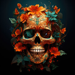 Skull with plants on black background