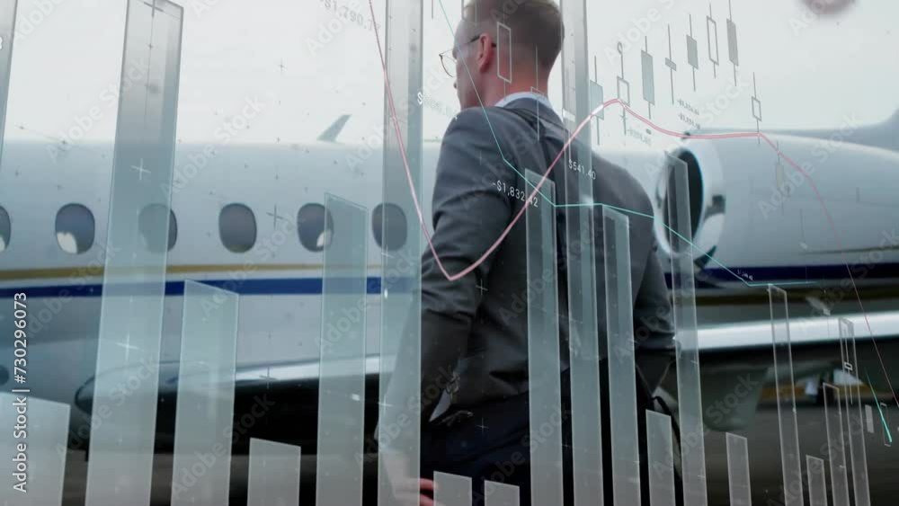 Poster animation of graphs processing data over caucasian businessman boarding plane