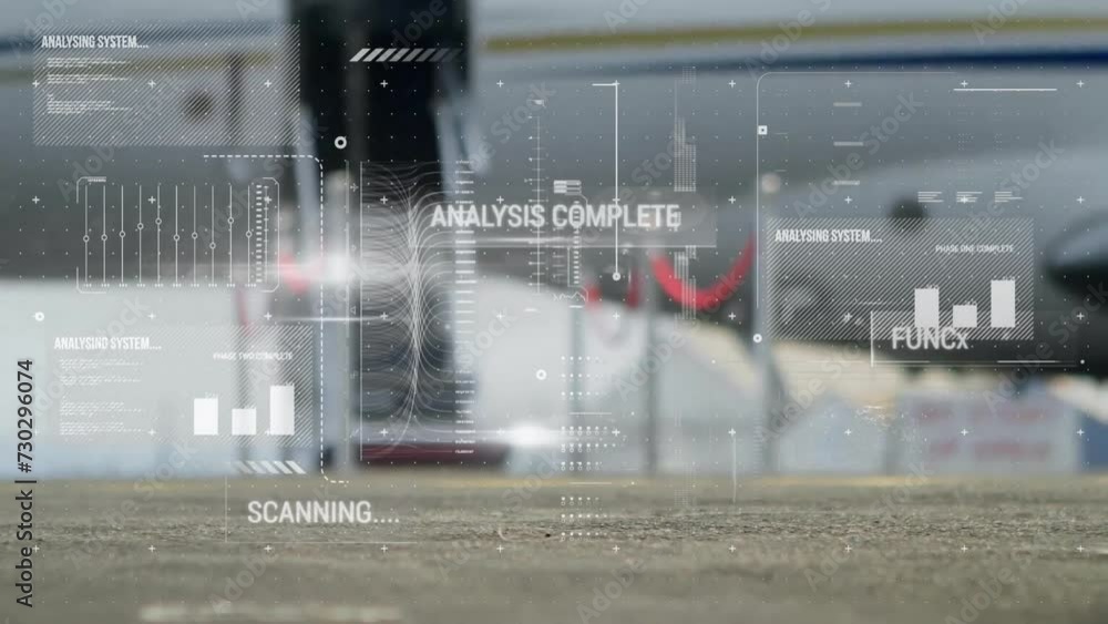 Poster animation of analysis complete text and processing data over aeroplane on runway