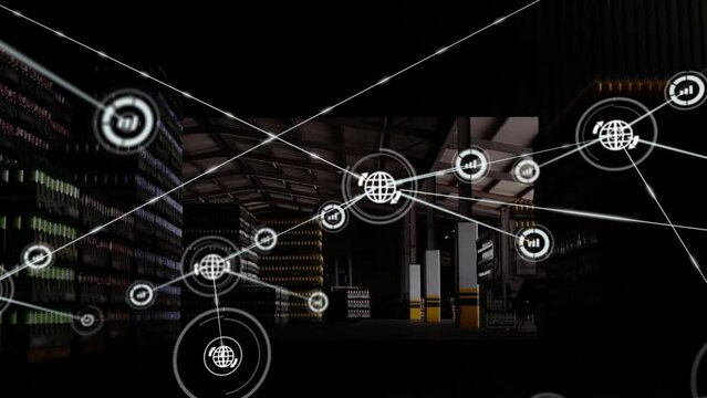 Animation of global communication network over goods warehouse at night