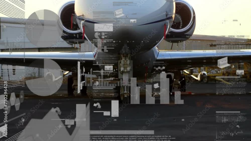 Poster animation of charts processing data over jet plane on runway