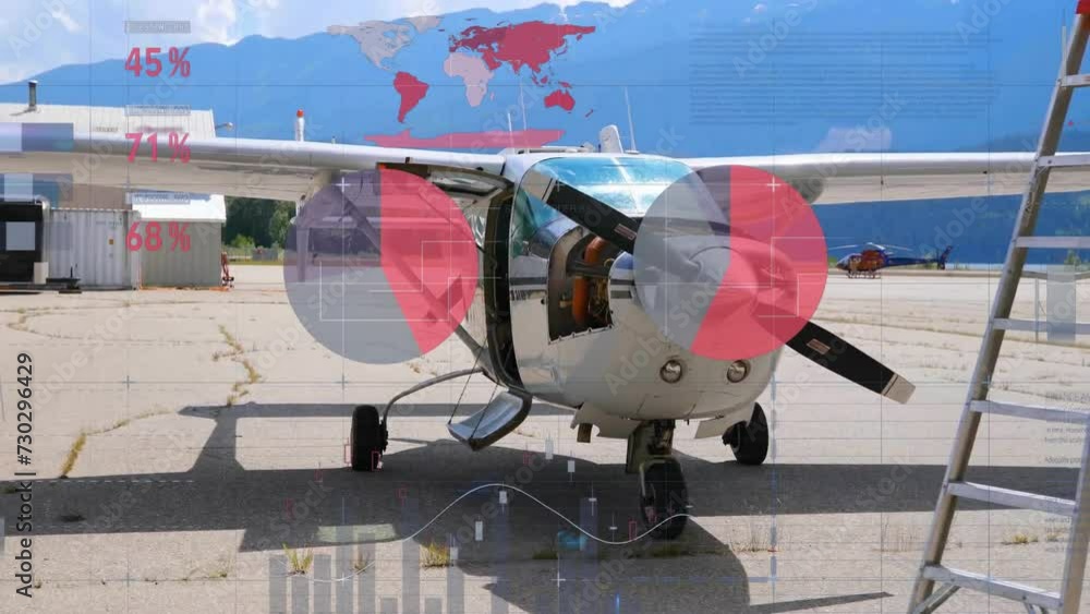 Poster animation of charts processing data over small aeroplane on runway