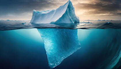  iceberg above, massive below, submerged in ocean depths. Symbolizing hidden depths and unseen potential.