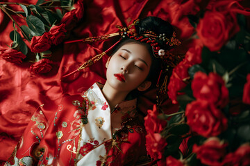 Young beautiful asian brunette wearing traditional  japanese kimono on blurred background with flowers. Culture, tradition and ethnic concept. Chinese festival 
