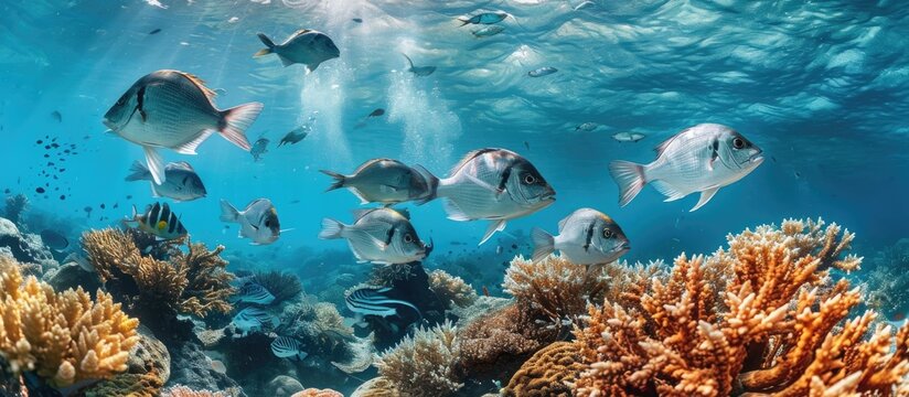 Underwater photography captures marine life, including a school of sea breams and a coral reef.
