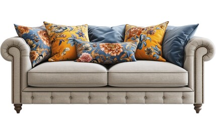 elegant sofa with a yellow and blue flower pattern pillow isolated on a white background.