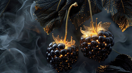 Black raspberries With Gold Leaves Floating In the Air Among Gold Seed. 