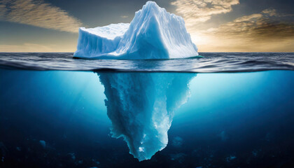  iceberg above, massive below, submerged in ocean depths. Symbolizing hidden depths and unseen potential. - obrazy, fototapety, plakaty