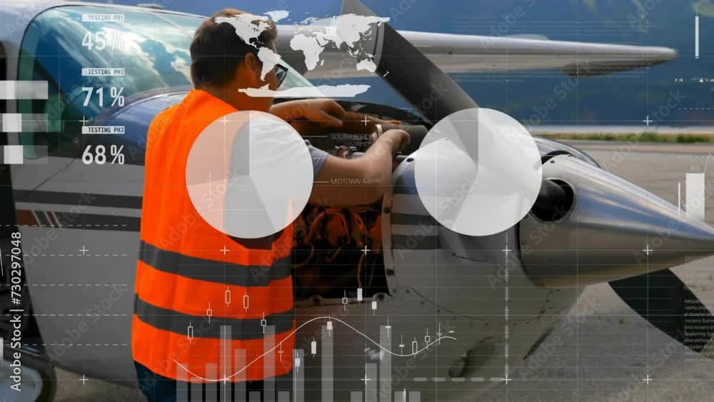 Poster animation of charts processing data over caucasian pilot preparing plane for flight