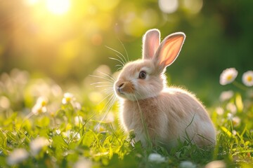 Fototapeta premium Cute Easter bunny with Easter eggs in green grass. Little rabbit sitting near to color eggs in meadow. Generated AI