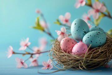 Obraz premium Decorated Easter eggs in nest on blue background, top view. Composition with empty place for text. Generated AI