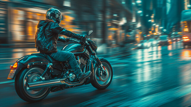 Action shot with man riding a bike in futuristic cyberpunk city. Dynamic scene with motorcycle ride in action movie blockbuster style