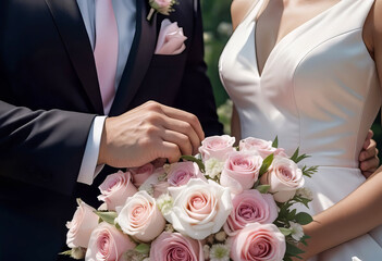 Obraz na płótnie Canvas bride and groom of a wedding couple with a bouquet of light pink and white flowers, wedding ceremony, wedding preparation, wedding accessories,