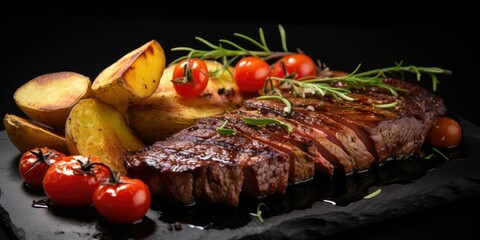 Grilled beef steak with vegetables and spices on black background