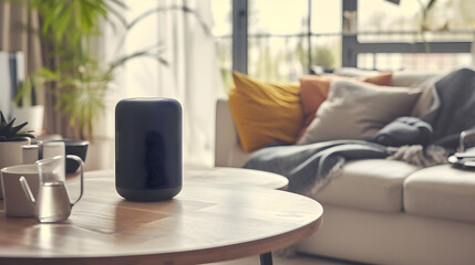 Voice activated smart speaker  Showcasing the speaker in a modern living room setting