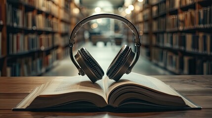 headphones immersed in an open book, symbolizing the concept of audiobooks. Conveys the joy of literary exploration through audio