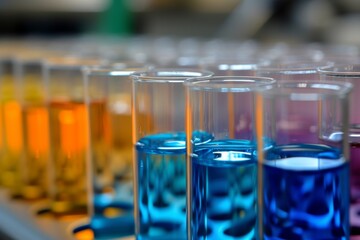 Laboratory glassware with samples on blurred background. Closeup view of science lab tubes. Medical experiment and development concept. Generated AI