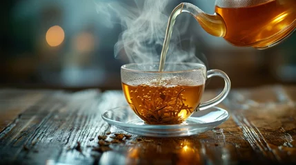 Deurstickers A rustic teapot pouring hot herbal tea into a glass cup, steam rising gracefully © olegganko
