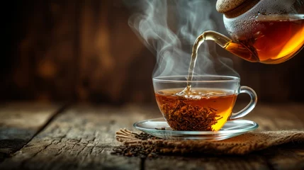 Poster A rustic teapot pouring hot herbal tea into a glass cup, steam rising gracefully © olegganko