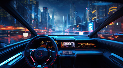 Furutistic car dashboard in the neon city.Synthwave or cyberpunk automobile control panel - obrazy, fototapety, plakaty