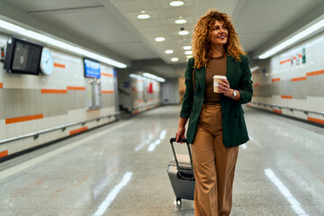 In the underground walkway of the train station, a woman in her 30s, casually attired, tows a...