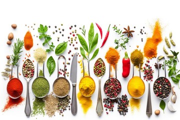 Top view of different spices in spoons on a white background - Powered by Adobe