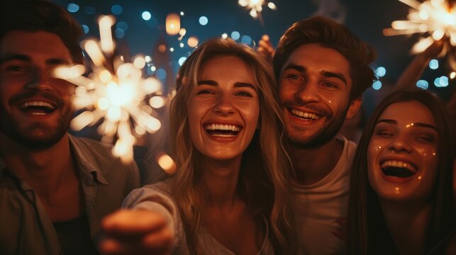A joyful group of friends raising sparklers to celebrate a birthday under the starry night sky