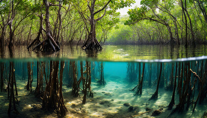 mangrove forest submerged underwater, showcasing nature's tranquility and biodiversity - obrazy, fototapety, plakaty