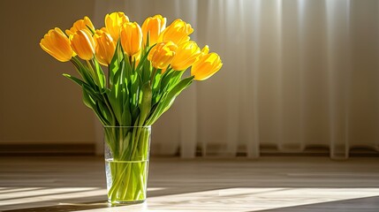 A bouquet of yellow tulips in a vase on the floor, radiating freshness and elegance