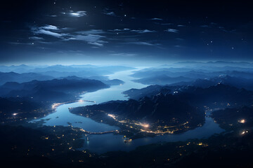 Beautiful night view of the illuminated city seen from the atmosphere