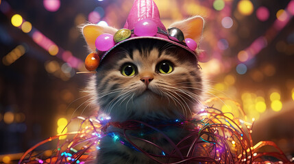 Party cat in neon colors. Funny kitten with holographic hat in 90s style neon lights