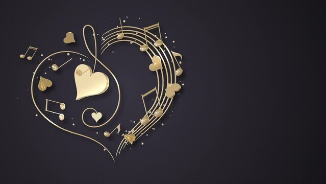 Musical notes and hearts against dark background
