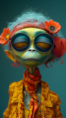 Fashionable alien with floral accessories and round sunglasses