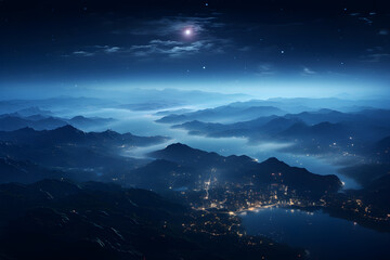 Beautiful night view of the illuminated city seen from the atmosphere
