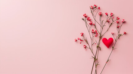 Flowers and red heart on pink background. Valentine's day concept. Free space for your own design. - obrazy, fototapety, plakaty
